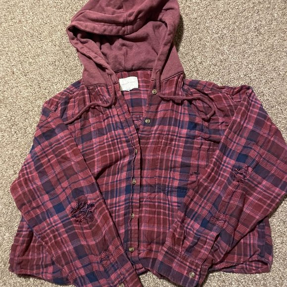 American Eagle plaid button up hoodie - Picture 1 of 3